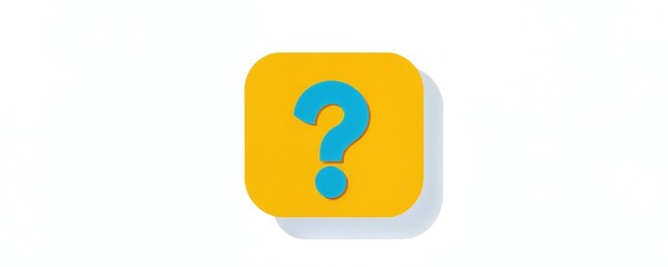 Bright yellow square with blue question mark against white background