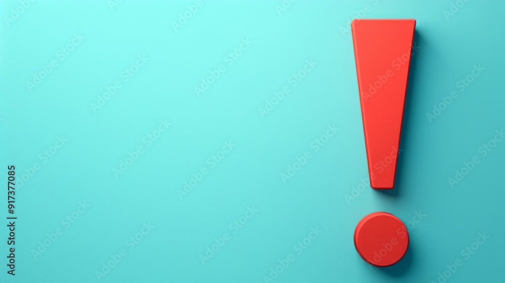 Poster minimalist 3d red exclamation mark on light blue background with ample copy space for text
