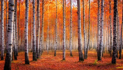 A colorful painting depicts a forest scene in autumn, featuring a dense grove of birch trees with leaves in shades of red, orange, and yellow