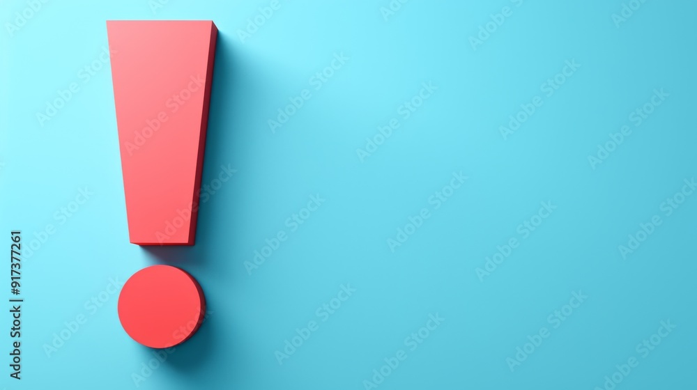 Aufkleber minimalist 3d red exclamation mark on light blue background with ample copy space for text