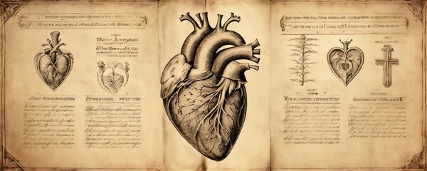 Intricate historical heart drawings in an antique scientific manuscript displaying anatomical details