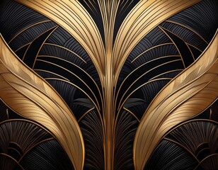 A detailed, intricate art deco wallpaper design featuring a striking combination of black and gold colors