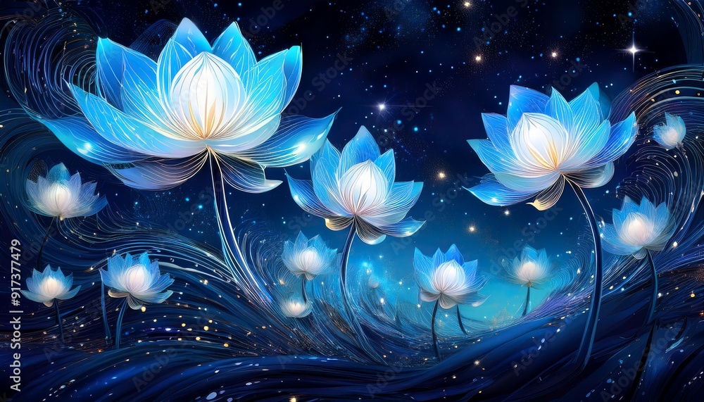 Canvas Prints a digital illustration of blue lotus flowers blooming under a starry night sky