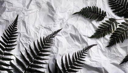 A close-up image of black fern leaf silhouettes on a white crumpled paper background
