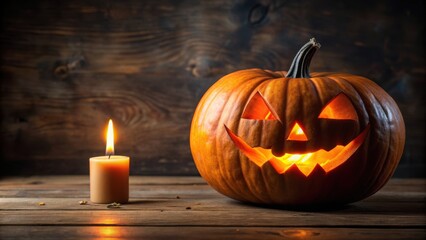 A spooky Halloween pumpkin with a carved face illuminated by a candle inside, Jack-o-lantern, orange, holiday, decoration