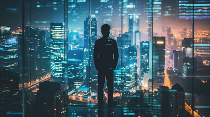 cityscape businessman looking at urban architecture skyline skyscrapers lights blue dusk night