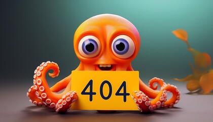 An orange octopus figurine holding a sign that reads 404. Error 404 page not found. Website 404 web failure. Funny 404 design