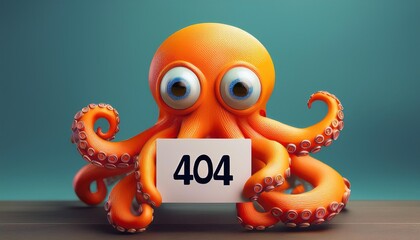 An orange octopus figurine holding a sign that reads 404. Error 404 page not found. Website 404 web failure. Funny 404 design