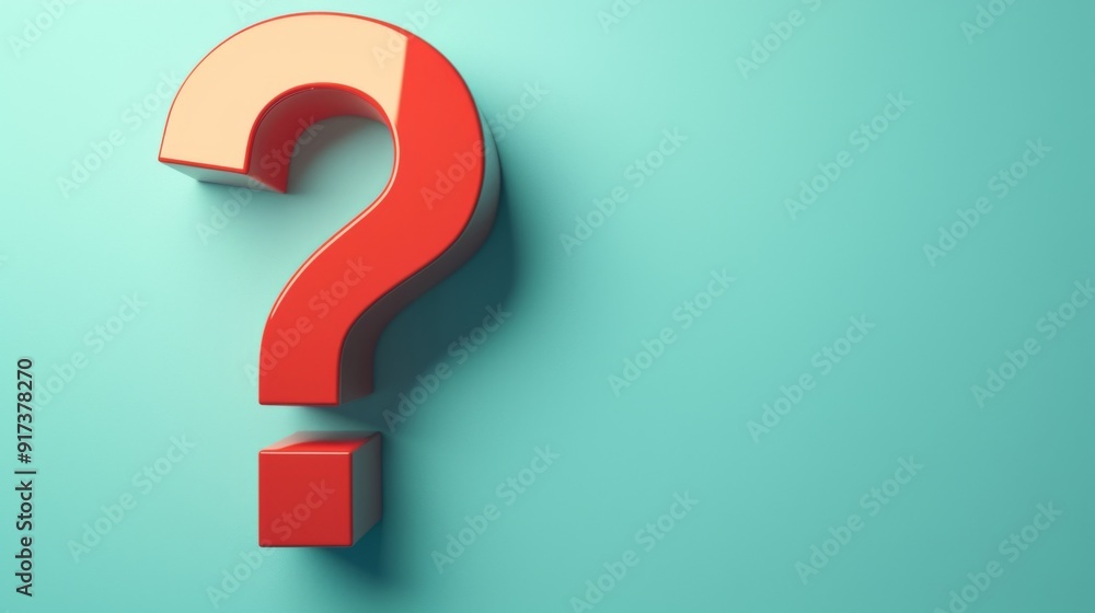 Poster minimalist 3d red question mark on light blue background with large empty copy space for text
