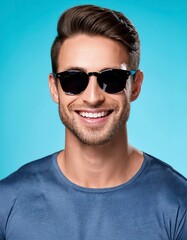 A handsome man wearing sunglasses in a isolated background