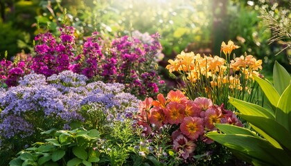 Obraz premium A close-up of various blooming flowers and plants in a lush garden setting