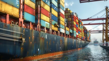 Naklejka premium Cargo ship loaded with colorful containers docked at a busy port on a sunny day