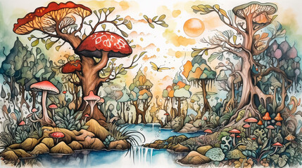 Obraz premium A colorful cartoon drawing of an enchanted forest, in the style of rough comic sketch, white background, flat colors, color markers, tall ancient trees with glowing runes, a clear sparkling