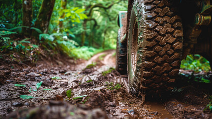 Obraz premium A detailed shot of a muddy off-road vehicle tire navigating a dirt trail in a lush forest