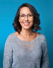 A woman wearing glasses and a smile on her face