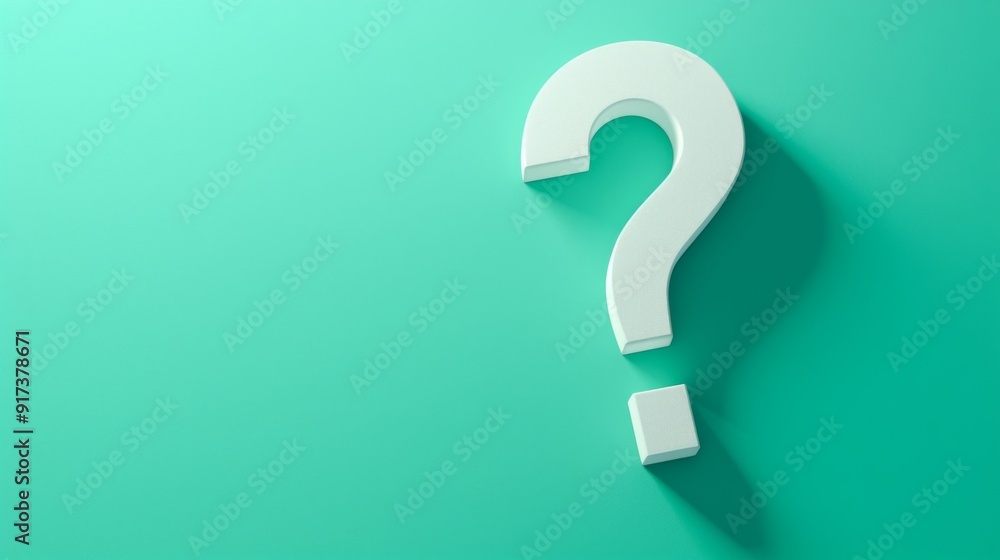 Poster minimalist 3d white question mark on green-blue teal background with large empty space for text