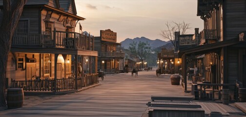 Fototapeta premium Twilight Serenity in a Vintage Western Town: An Empty Boardwalk, Wooden Porch, and the Tranquil Aura of a Historic Frontier Village