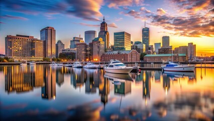 Obraz premium Tranquil Boston waterfront at dawn with city skyline and boats, Boston, waterfront, dawn, tranquil, city skyline, boats