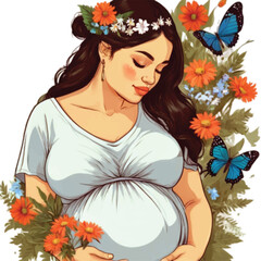 A pregnant woman adorn with colorful flower and butterfly as a symbol of love and nature vector illustration