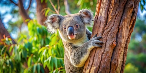Koala bear climbing a gum tree in the Australian outback, koala, bear, climbing, tree, gum tree, Australia, outback, wildlife