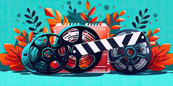 Film reels, clapperboard, and leaves on blue background.