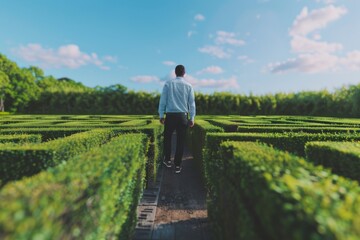 Fototapeta premium A person in a light blue shirt navigates a beautifully trimmed hedge maze under a vibrant, blue sky with scattered clouds.