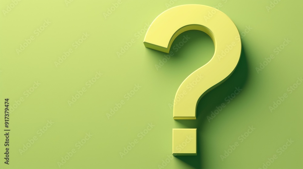 Poster minimalist 3d green question mark on light green background with ample copy space for text