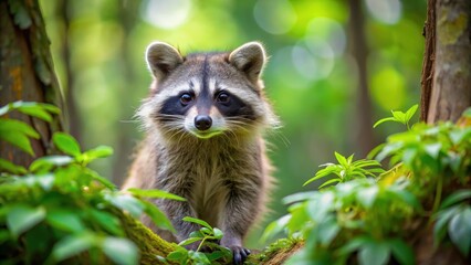 Obraz premium Playful and curious raccoon exploring its surroundings in a lush forest setting, nature, wildlife, animal, mammal, curious