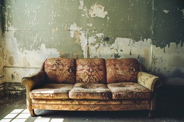 An old, floral-patterned sofa sits against a wall with peeling paint, evoking a sense of nostalgia and decay in an abandoned room.