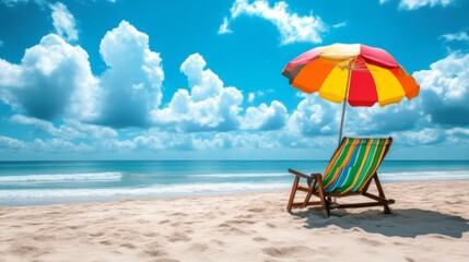 Colorful beach chair with umbrella on sandy