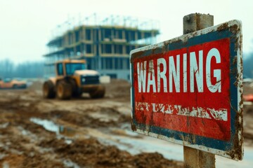 Red Warning Sign at Muddy Construction Site with Heavy Machinery