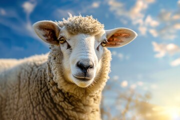 A close-up portrait of a curious lamb under a bright blue sky with fluffy clouds, capturing its expressive eyes and soft wool.