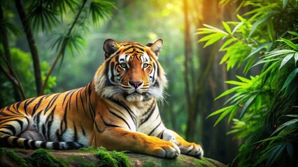 Majestic tiger resting in the green jungle, tiger, wild, animal, jungle, nature, predator, stripes, wildlife, feline, majestic