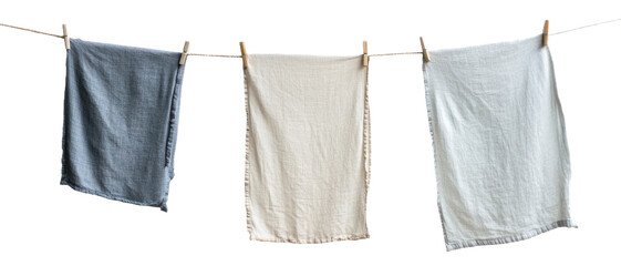 Clean linen towels hanging on a clothesline in natural light, cut out - stock png.