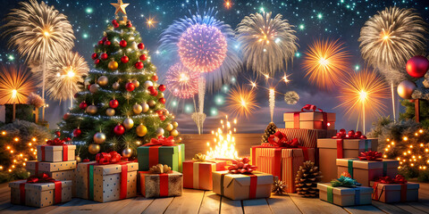 Christmas day fireworks lots of gift boxes