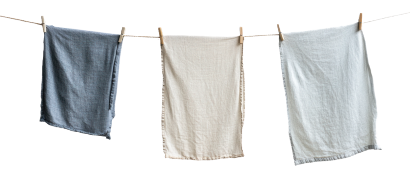 Clean linen towels hanging on a clothesline in natural light, cut out - stock png.