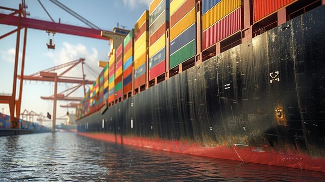 Large cargo ship docked at a bustling port during the afternoon, surrounded by colorful shipping containers