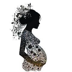 A pregnant woman adorn with flower as a symbol of love and nature black and white silhouette vector illustration
