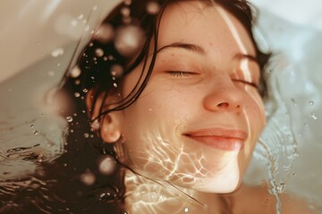 A woman relaxes in water with her eyes closed, soaking up the tranquil ambiance, while sunlight filters through the surface.