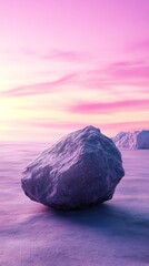 Large rock on frozen landscape at sunset