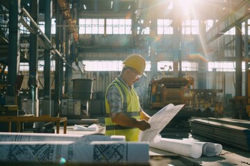 A construction worker in a yellow helmet and vest studies building plans under the warm, diffuse light in a spacious industrial setting.
