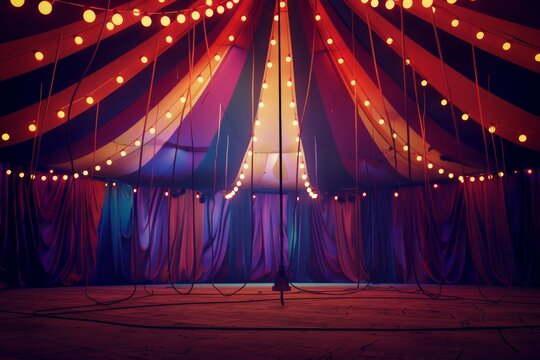A colorful, illuminated circus tent creates a vibrant and whimsical ambiance, with strings of light bulbs hanging from above.