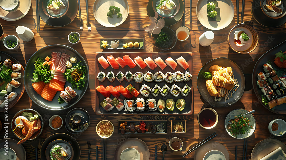 Wall mural Japanese restaurant dinner table spread in top-down view, array of beautifully plated sushi, sashimi, tempura, surrounded, fresh salads, traditional Japanese food