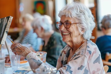 An elderly woman with a joyful smile enjoys painting at a social art class, embodying creativity and happiness in a lively and warm atmosphere.