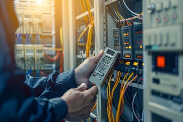 A technician using a multimeter to test a server rack full of cables and components, ensuring proper function.
