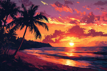 Obraz premium Witness the captivating beauty of a fiery orange and purple sunset over a tropical beach, with silhouetted palm trees creating a serene paradise.