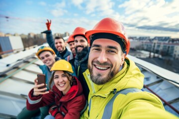 A cheerful group of construction workers takes a celebratory selfie on a building site, their bright smiles and colorful helmets reflecting camaraderie and teamwork.