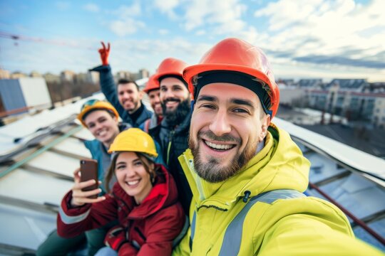A cheerful group of construction workers takes a celebratory selfie on a building site, their bright smiles and colorful helmets reflecting camaraderie and teamwork.