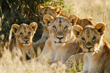 Fototapeta premium Up close and personal with a peaceful pride of lions resting together in the golden savannah during a warm, serene afternoon in the wild.