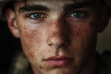 Obraz premium In this close-up portrait of a young soldier, intense blue eyes and freckles convey determination, resilience, and vulnerability in a powerful moment.